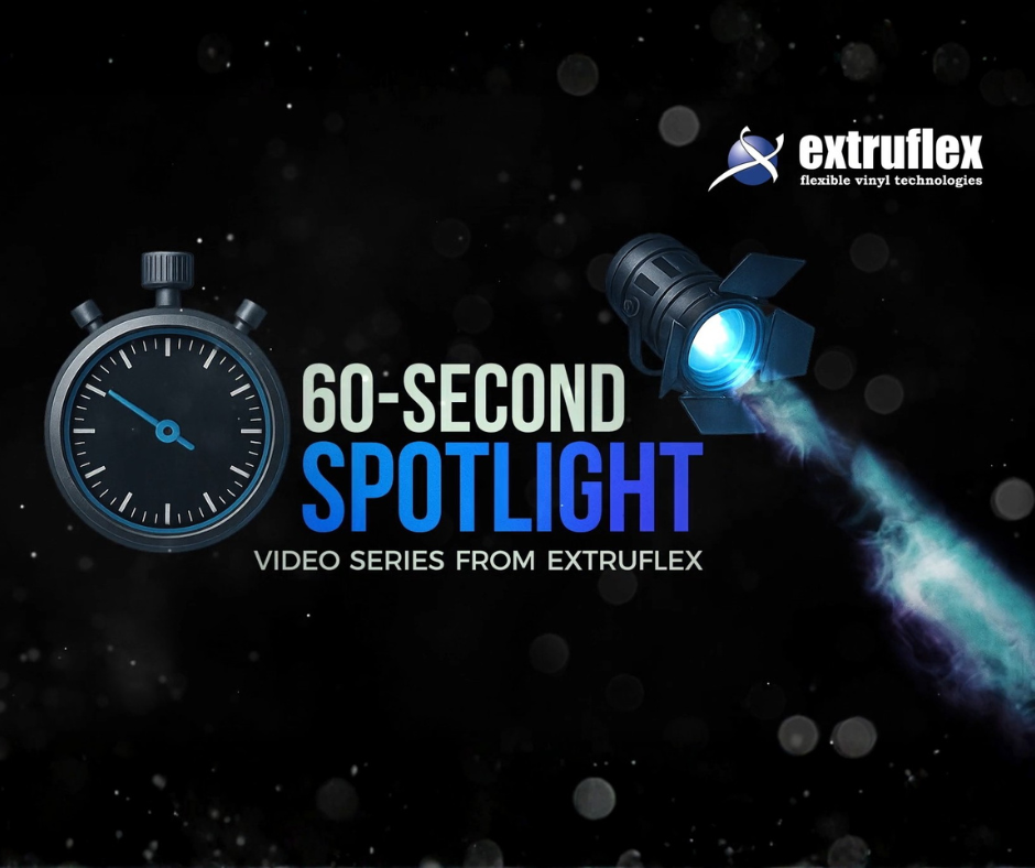 A dark promotional graphic for Extruflex’s “60-Second Spotlight” video series, featuring a stopwatch, a glowing stage spotlight, and bold blue and white text on a black background.