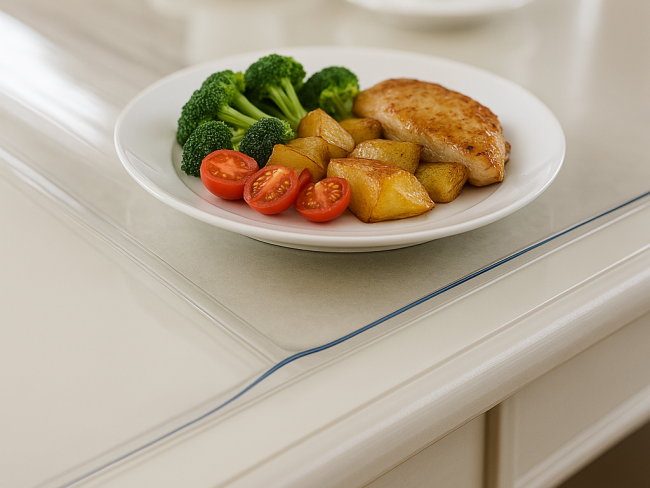 White plate with roasted chicken breast, golden potato cubes, fresh broccoli, and cherry tomato halves on a glossy table surface.