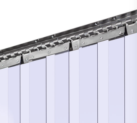 Close-up of a stainless steel hook-on track and plate system securing transparent PVC strip curtains.