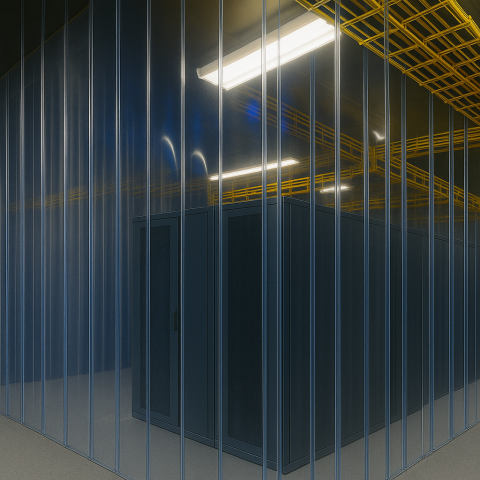 A server room is enclosed with transparent PVC strip curtains, with yellow overhead cable trays visible above the black server cabinets.