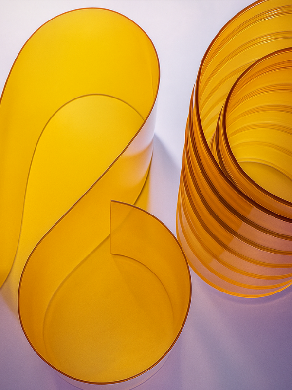 Curved and coiled layers of translucent, amber-colored flexible vinyl.
