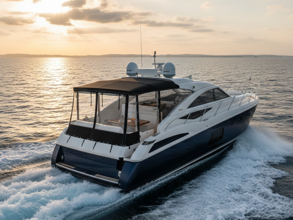 A large blue and white motor yacht cruises across the water at sunset, featuring a covered rear deck with clear enclosures.