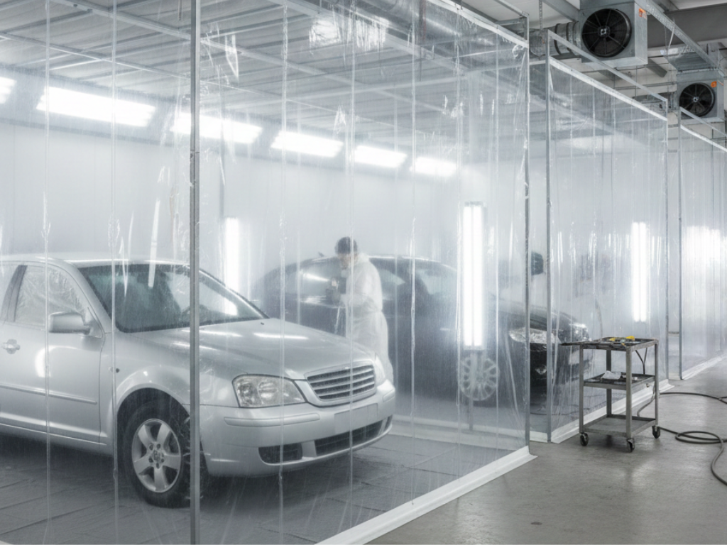 A series of automotive spray booths partitioned by transparent plastic sheeting, with a car being prepped inside.