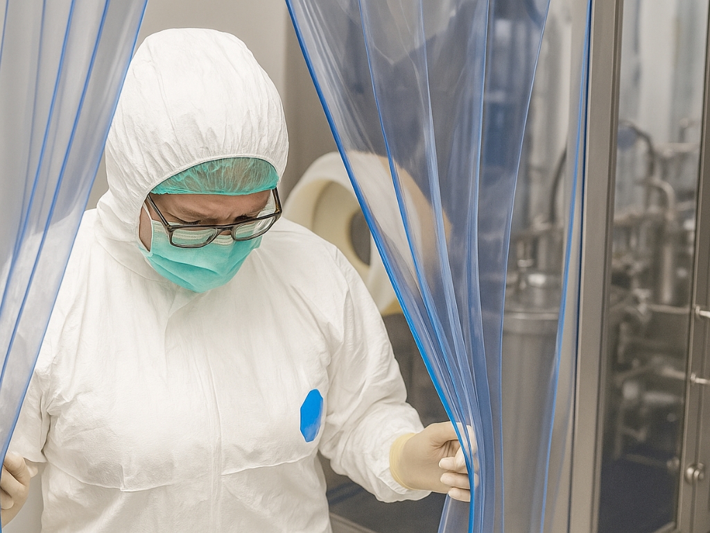 A person in a white protective suit, including a hood, gloves, and a face mask, pushes aside a blue PVC strip curtain to exit a sterile room.