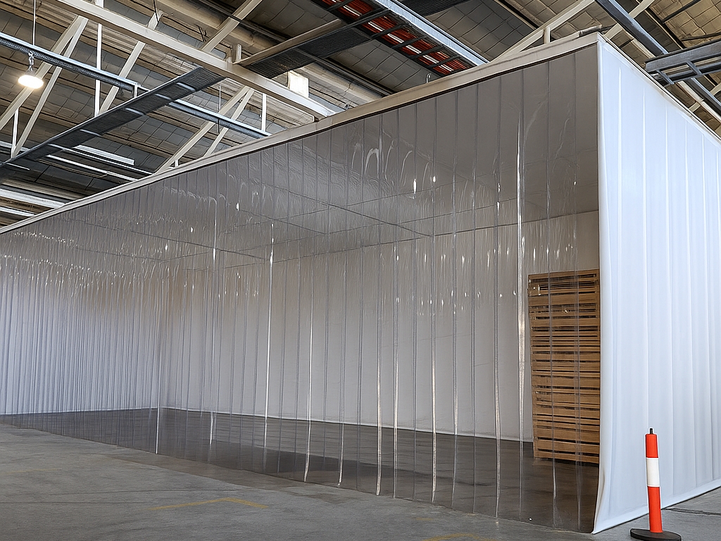 An indoor factory setting with a PVC strip curtain.