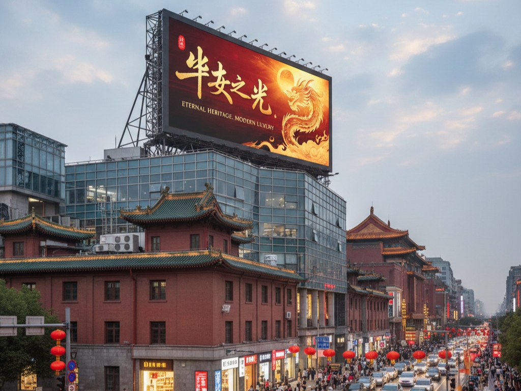 A large, brightly lit digital billboard on a modern building in an urban area, featuring Chinese characters and the English text "ETERNAL HERITAGE. MODERN LUXURY." with a golden dragon graphic on a fiery red background. Traditional Chinese-style buildings are visible below the modern structure.