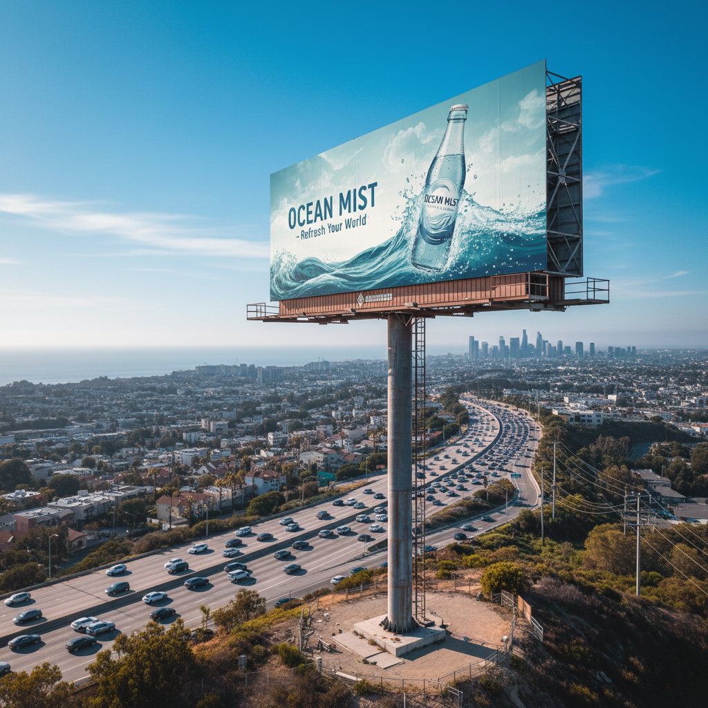 A large billboard showing an ad for "OCEAN MIST - Refresh Your World" with a clear glass bottle being splashed with water. The billboard is mounted high above a busy multi-lane highway, with traffic flowing toward a distant city skyline under a clear blue sky.