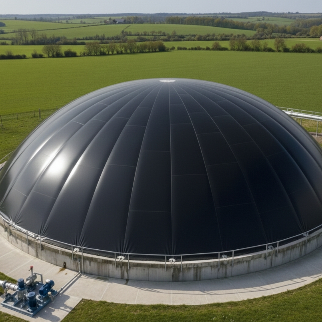 Aerial view of a large, black, inflatable Coatflex gas dome covering a circular concrete structure, likely part of an anaerobic digester or biogas facility, set in a green, rural landscape.