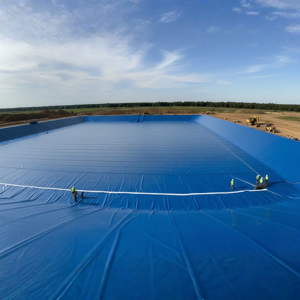 Wide-angle view of a vast, bright blue Coatflex geomembrane lining a large, square reservoir or containment pond under construction. Several workers in high-visibility vests are visible on the liner, with construction equipment in the background.