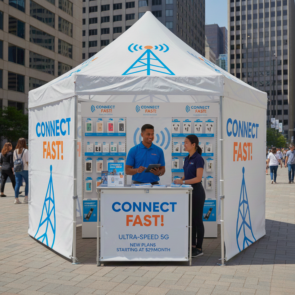 A white, hexagonal promotional canopy tent (booth) set up in a sunny city plaza between tall buildings. The tent is branded with "CONNECT FAST!" and features a display of electronic accessories and a counter where two smiling employees are speaking. The signage advertises "ULTRA-SPEED 5G" plans.