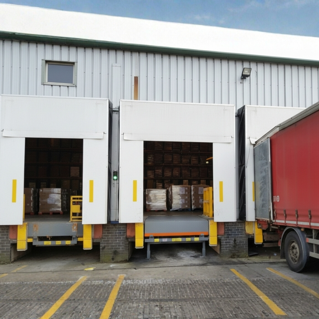 A delivery dock with three overhead doors covered by white Coatflex dock seals or covers, with trucks backed into two bays and pallets visible inside the warehouse openings.
