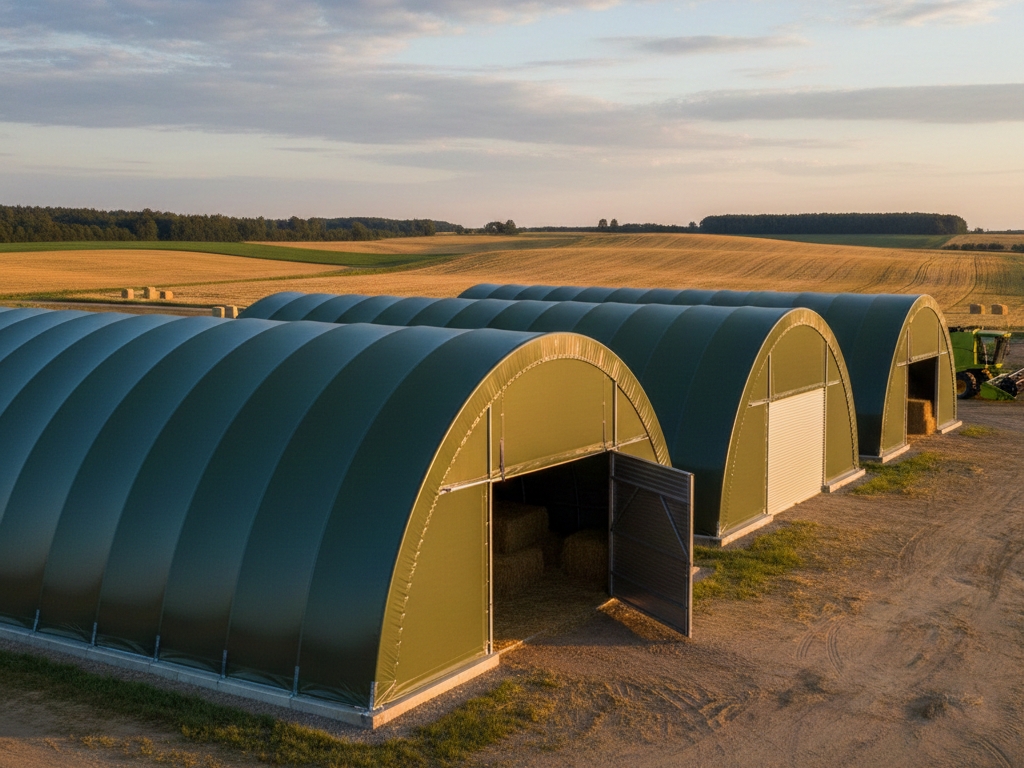 An aerial view of a row of dark green, fabric-covered tunnel structures used for farm storage, filled with bales of hay, set against golden fields at sunset.