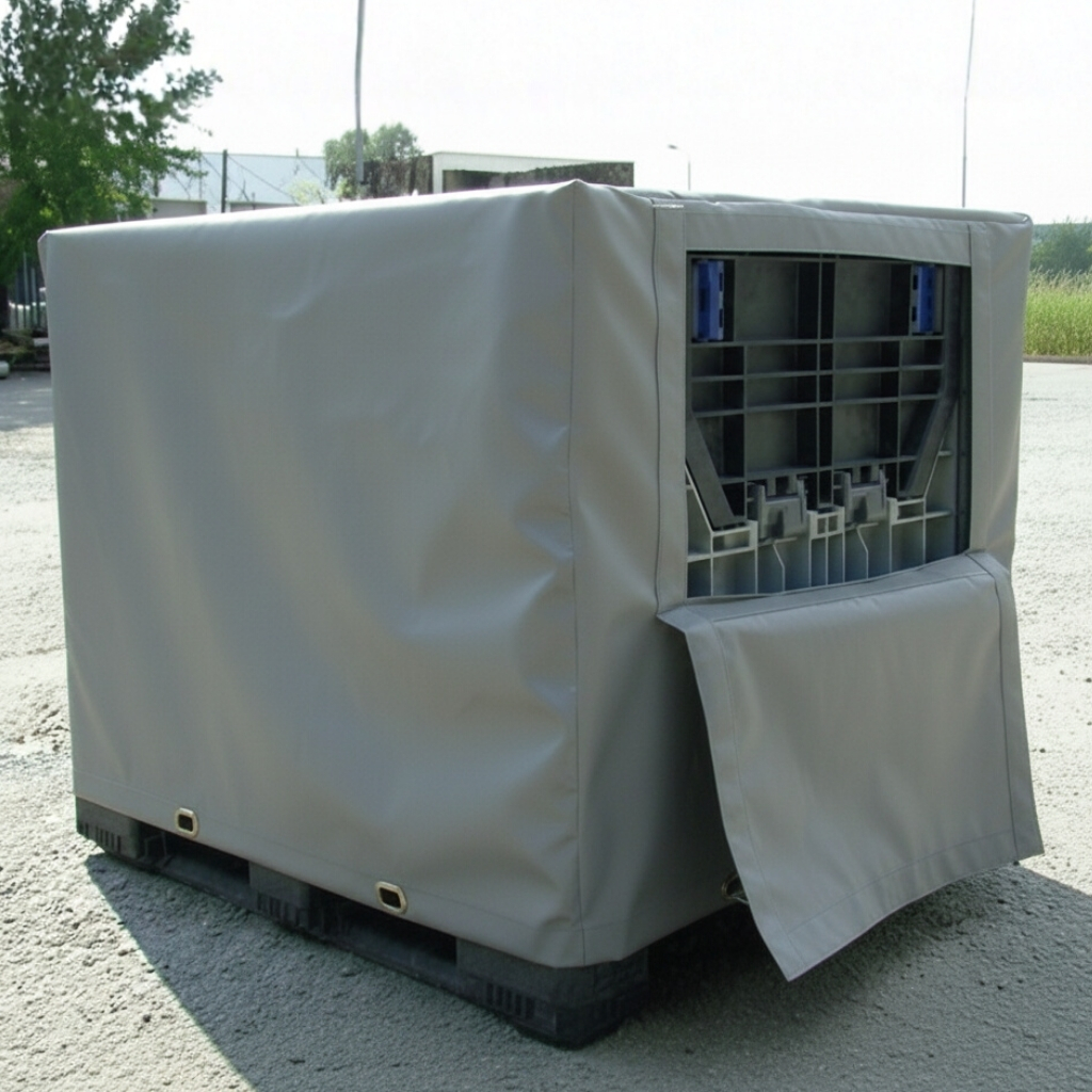Close-up of a large piece of equipment or palletized cargo completely covered by a custom-fit, light gray Coatflex PVC-coated fabric protective cover, with a flap open revealing internal structure.