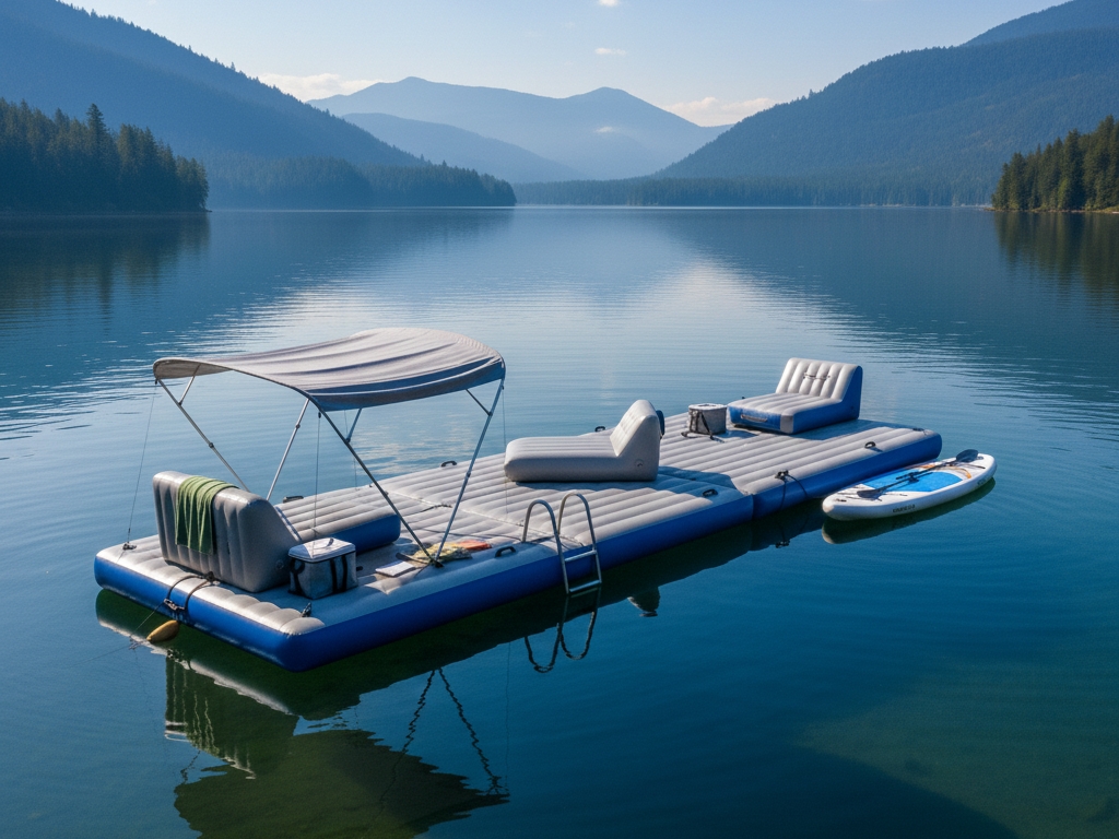A large, modular inflatable water platform or raft floats on a tranquil lake surrounded by mountains. It features lounge chairs, a canopy, a ladder, and a paddleboard attached to the side.