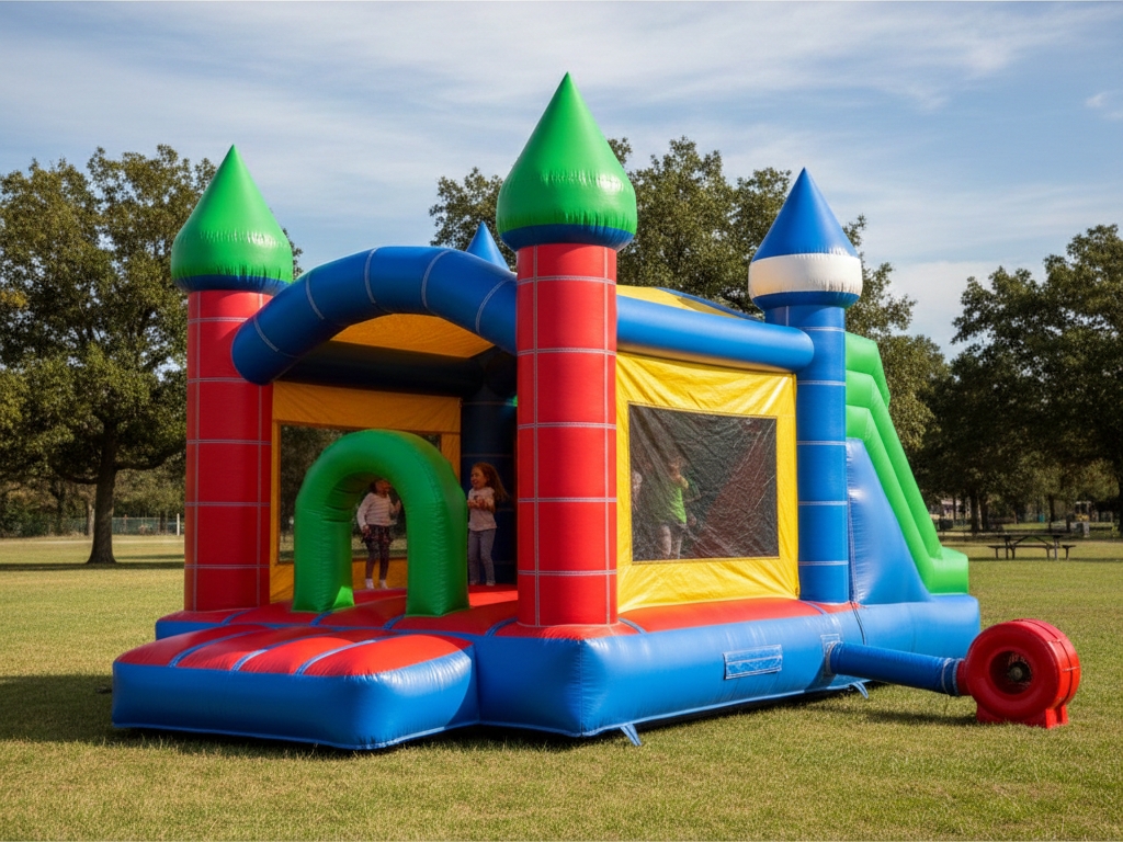 A large, colorful inflatable bounce house designed like a castle with red, blue, and yellow sections and green pointed towers, set up on a grassy lawn. Children are visible playing inside.