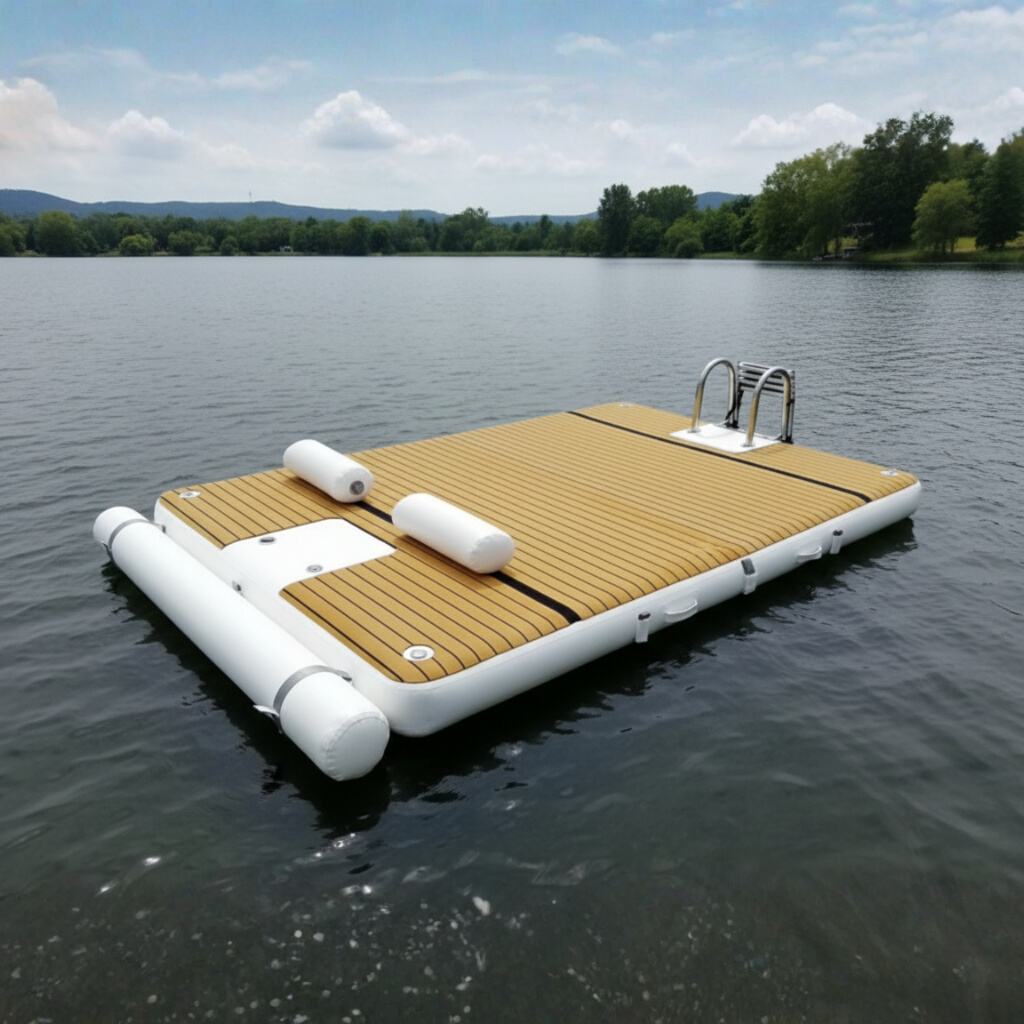 A rectangular inflatable water platform or dock with a realistic wood-look deck surface (tan/brown) floating on a lake. It has white inflatable sides, two bolster tubes, and a small metal ladder/steps. Trees and rolling hills are visible in the background.