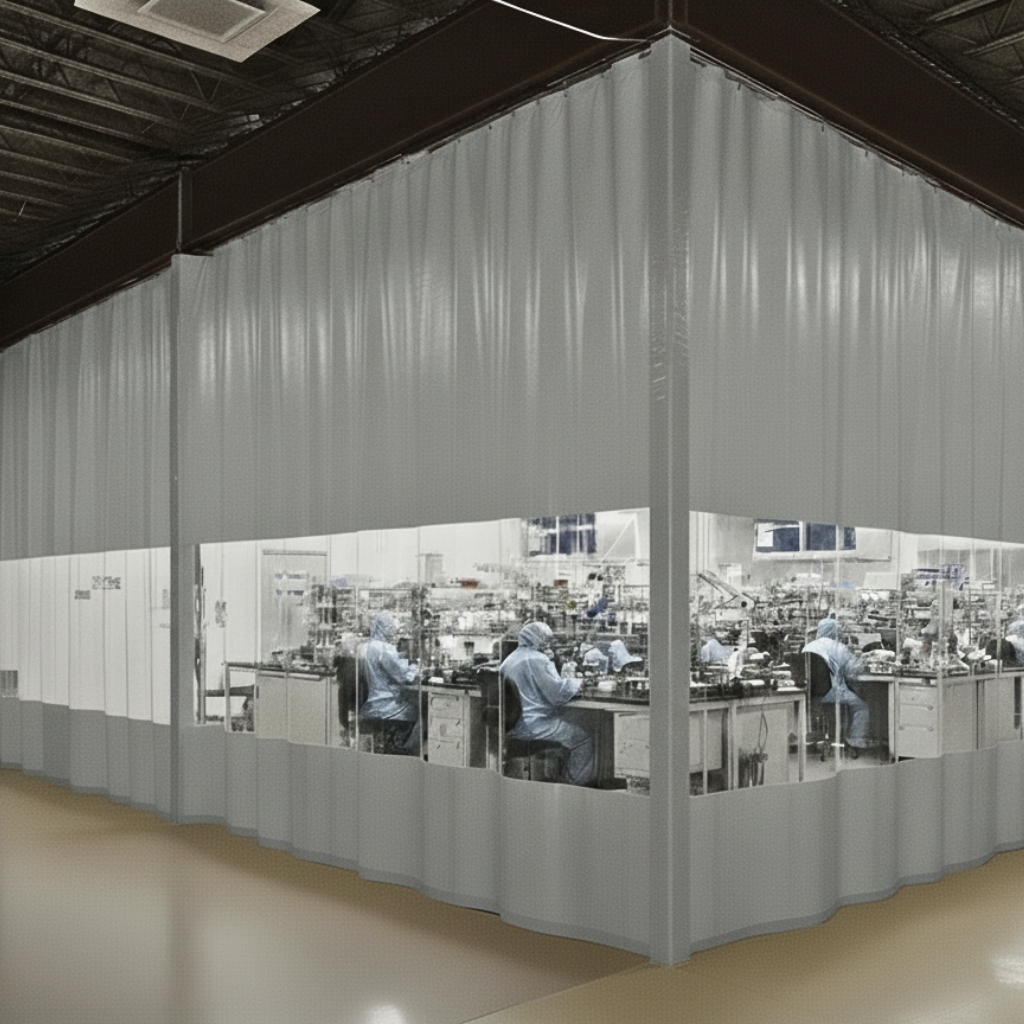 A light gray industrial cleanroom enclosure or workspace partition made of flexible curtain material with clear viewing sections, isolating a group of workers in an assembly or manufacturing area.