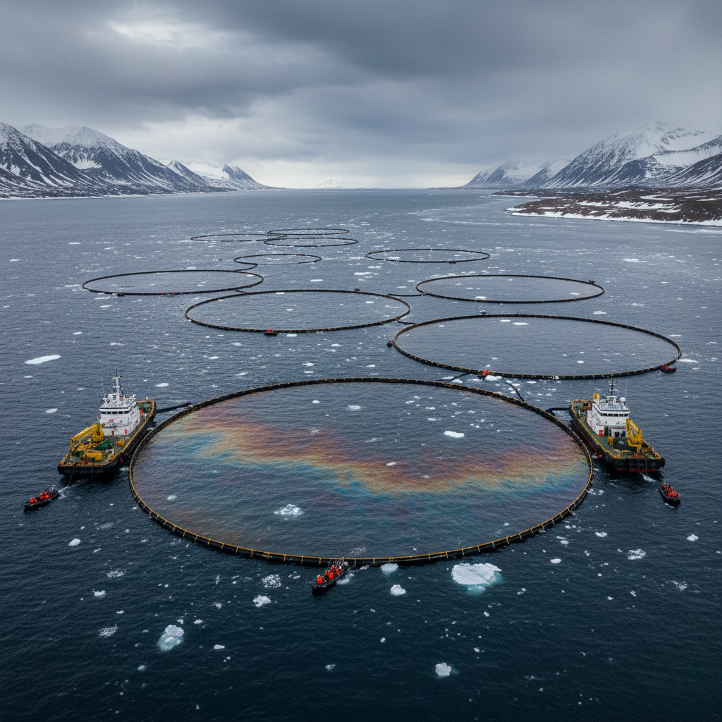 An aerial view of multiple large, circular containment booms (likely oil booms) floating in dark, partially ice-covered ocean water. One circle in the foreground contains a visible rainbow-colored oil slick. Two tugboats are positioned around this central boom, with snow-capped mountains lining the horizon under a heavily clouded sky.