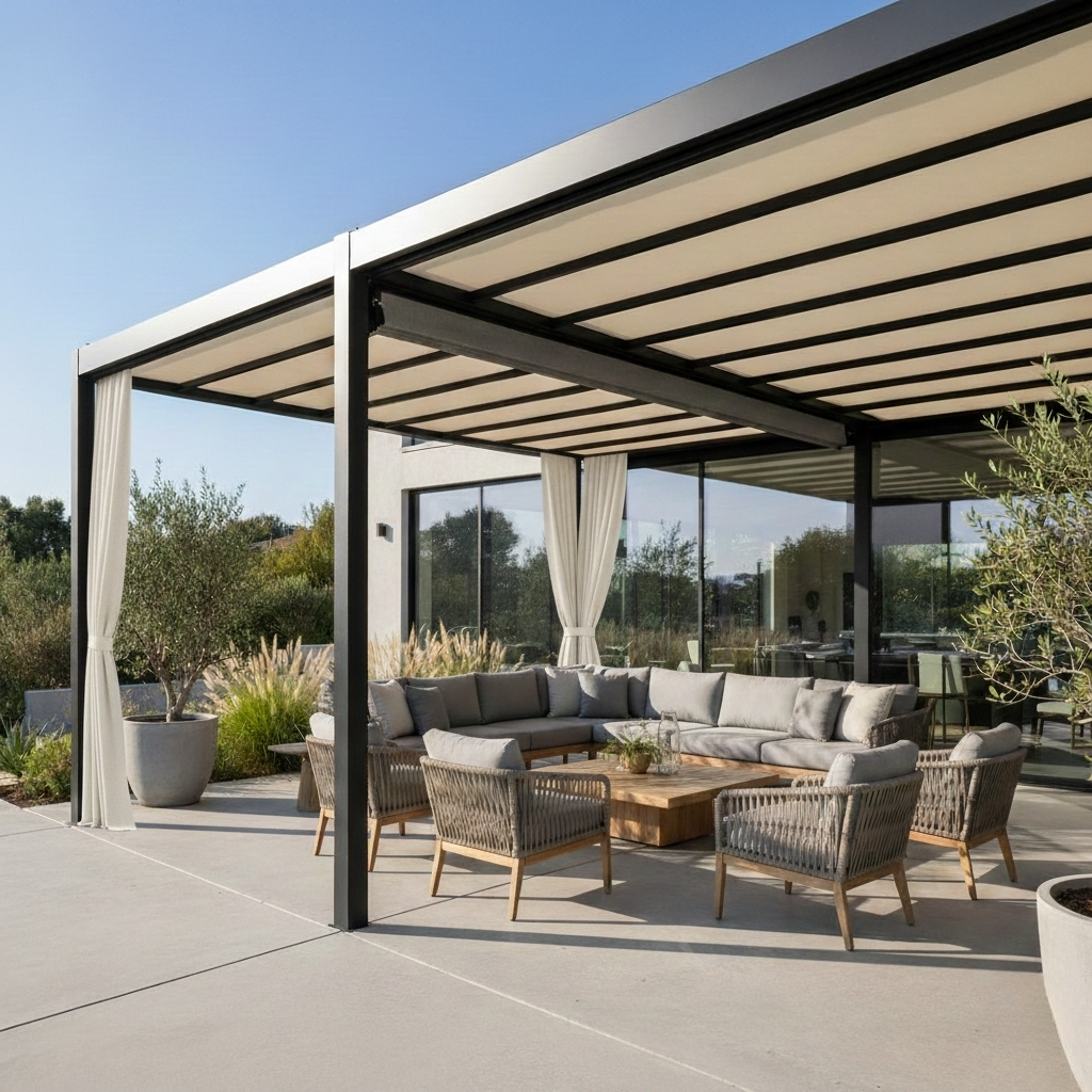A stylish outdoor living area under a modern, black-framed pergola with a retractable beige fabric roof and white side curtains, set against a contemporary house.