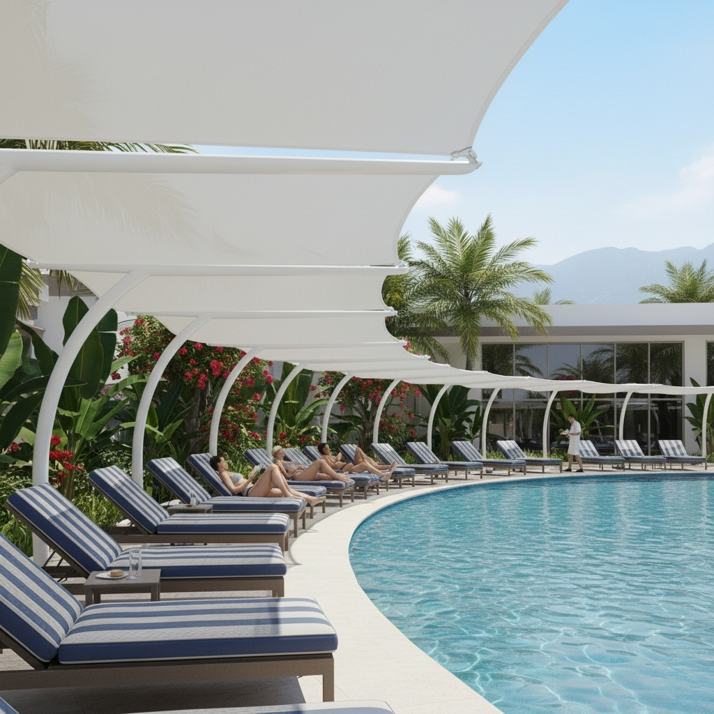 A long, curved white fabric canopy supported by arched white metal frames provides shade over a row of blue and white striped lounge chairs beside a resort swimming pool surrounded by tropical foliage.