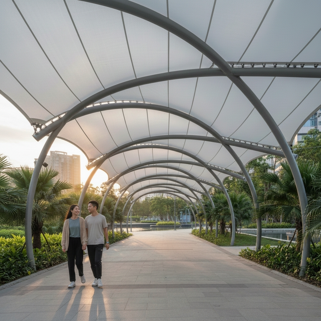 A couple walks hand-in-hand beneath a long, continuous white fabric canopy supported by repeating curved metal arches, creating a covered walkway through a park at sunset.