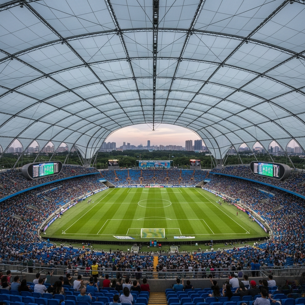 n interior view of a large, modern stadium with a white, tensile fabric roof structure covering the stands, looking out over a green soccer field and the city skyline.