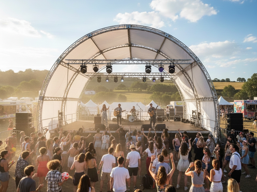 A large, temporary outdoor concert stage with an arched white fabric roof, where a band is performing to a crowd of people at a sunny music festival.