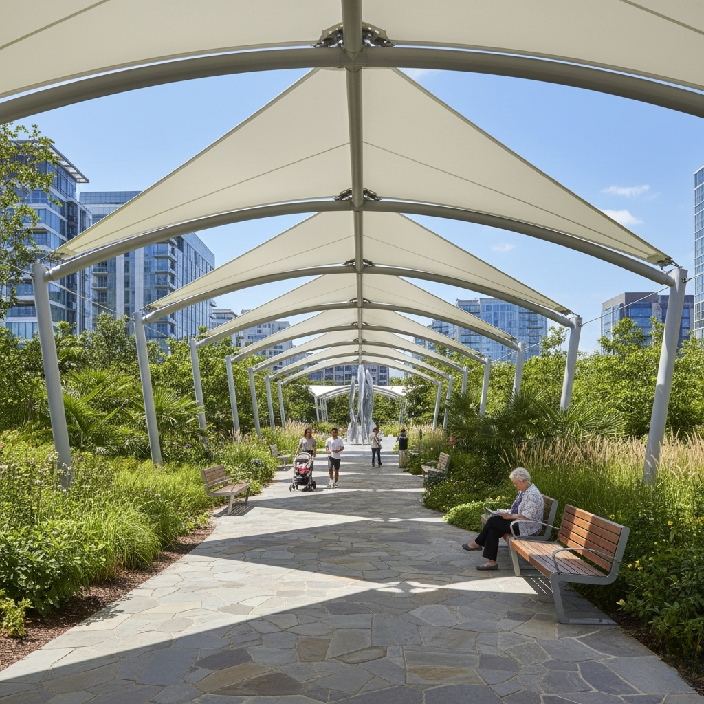 People walk and sit beneath a series of large, triangular white fabric shade canopies supported by metal posts, creating a shaded pathway through a lush, landscaped park with urban buildings visible in the distance.