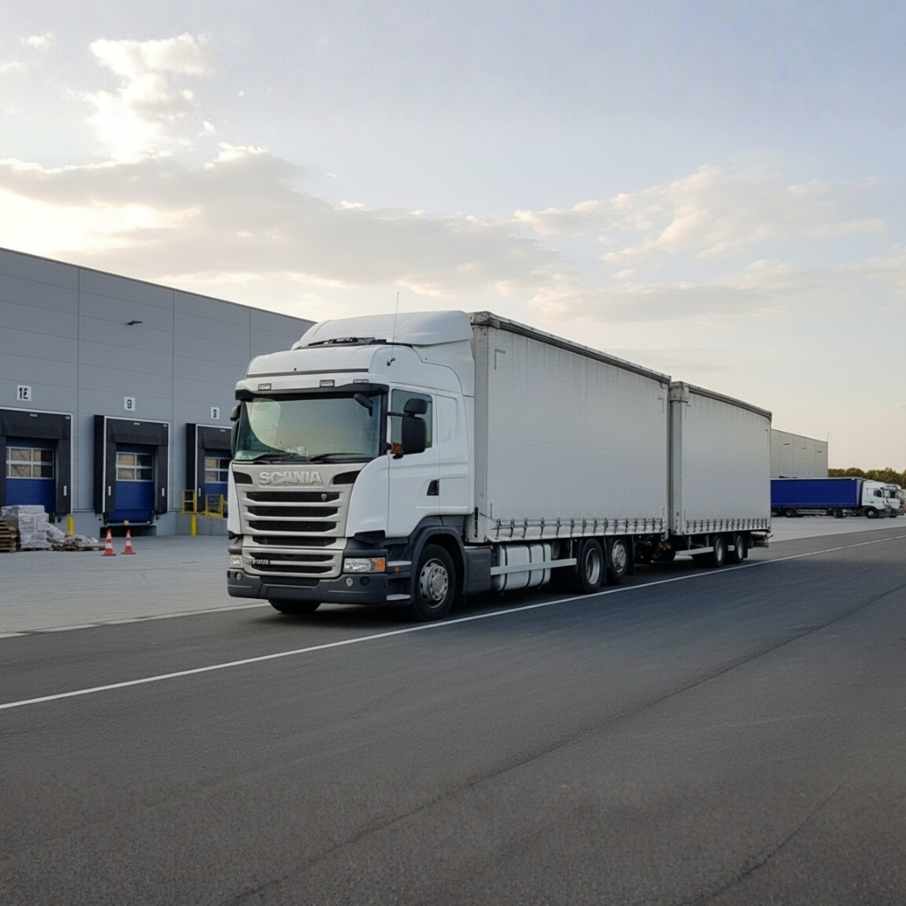 White Scania semi-trailer truck with a long white Coatflex PVC-coated fabric curtain-side cover over its cargo trailer, parked on an industrial road.