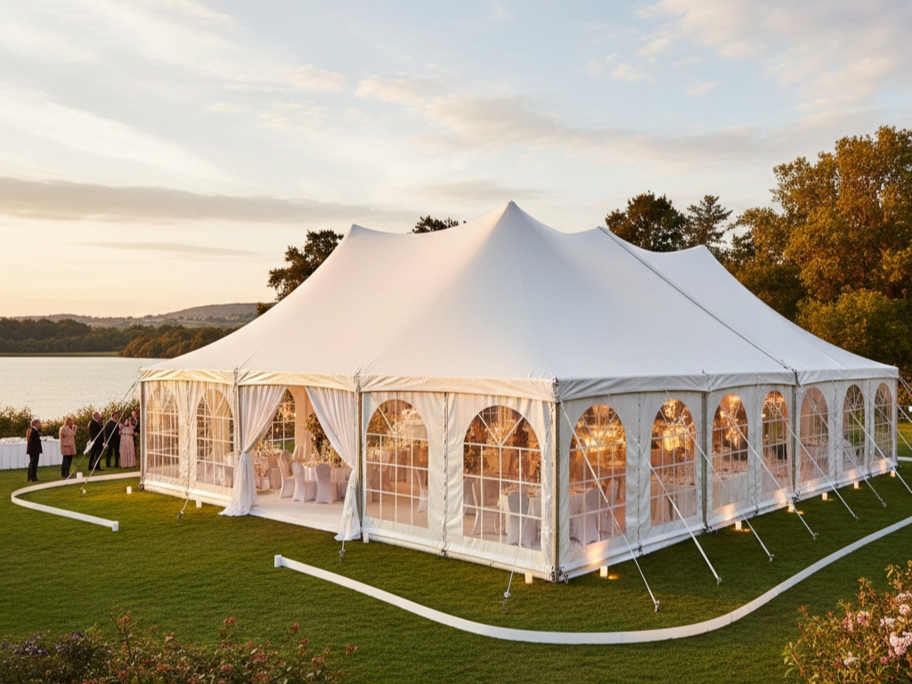 A sophisticated white pole tent with arched clear windows and white curtains set up for a wedding reception on a manicured lawn next to a lake at sunset.