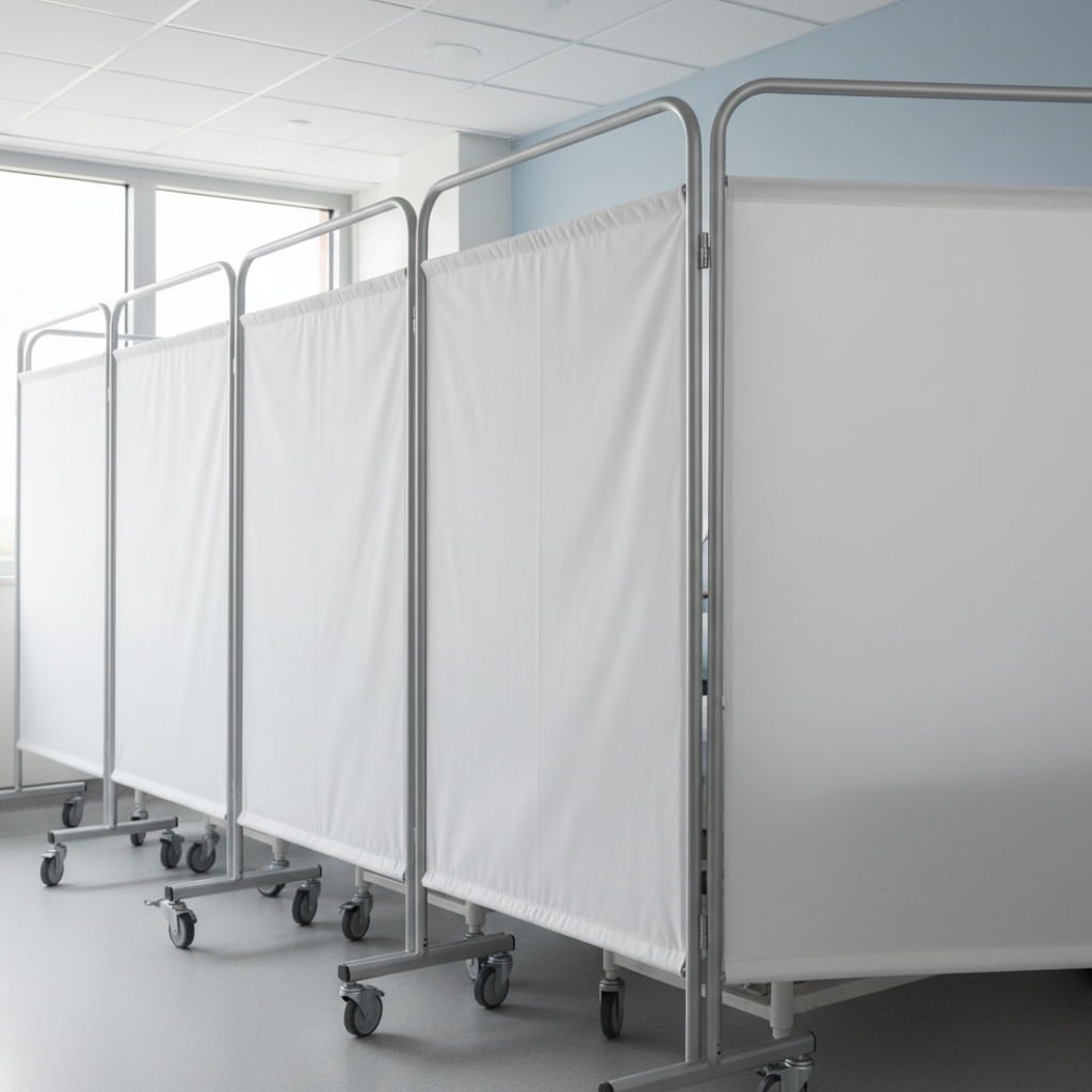 A row of mobile white privacy screens on wheels, made of a fabric or flexible material stretched over metal frames, commonly used in a medical or hospital setting.