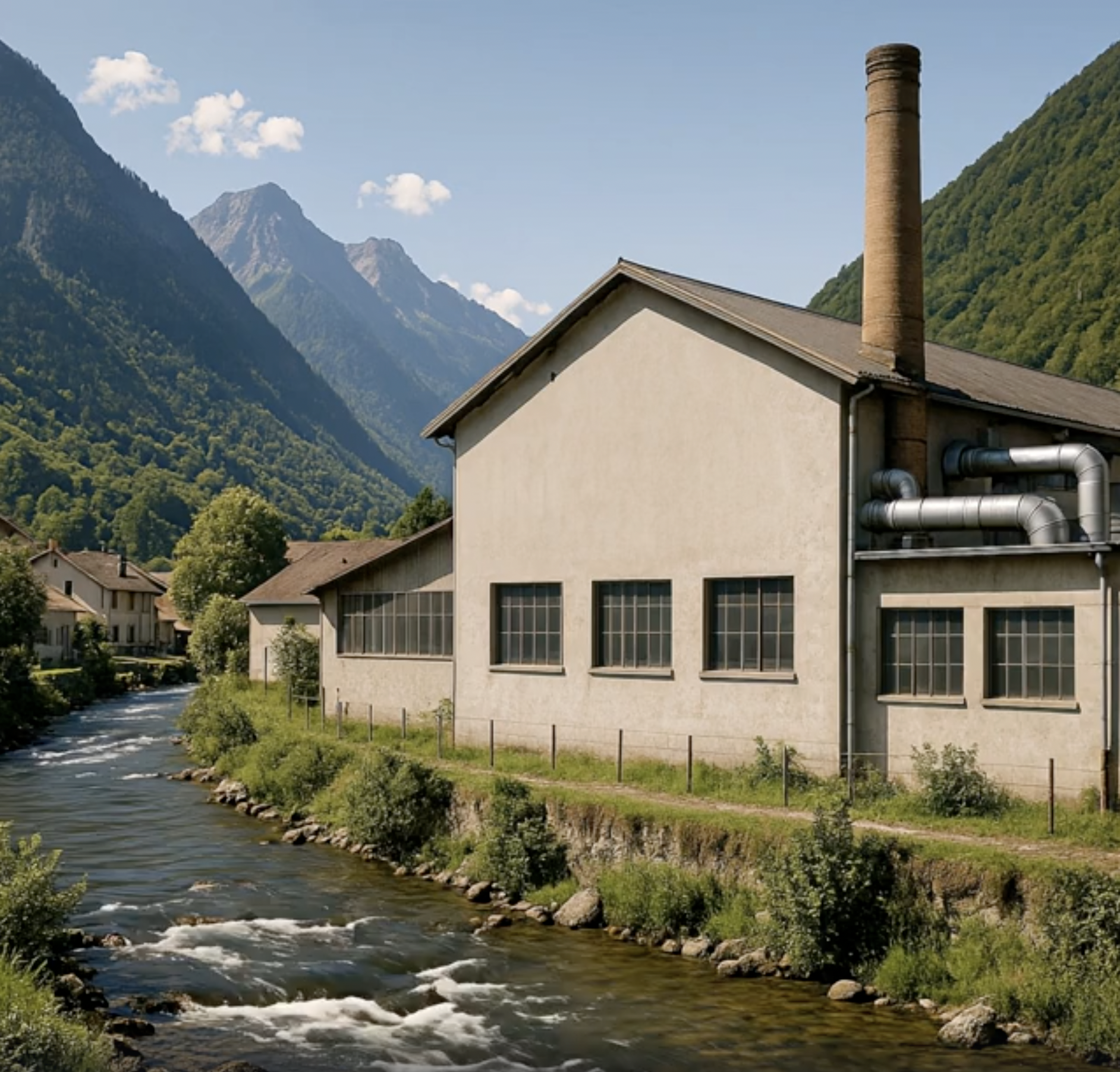 An industrial building with a tall brick chimney sits alongside a flowing river in a lush mountain valley.