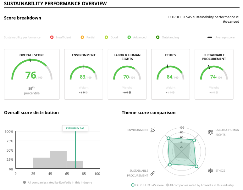 Alt text:  `EcoVadis sustainability scorecard for Extruflex France, showing strong environmental, social and procurement performance in July 2026