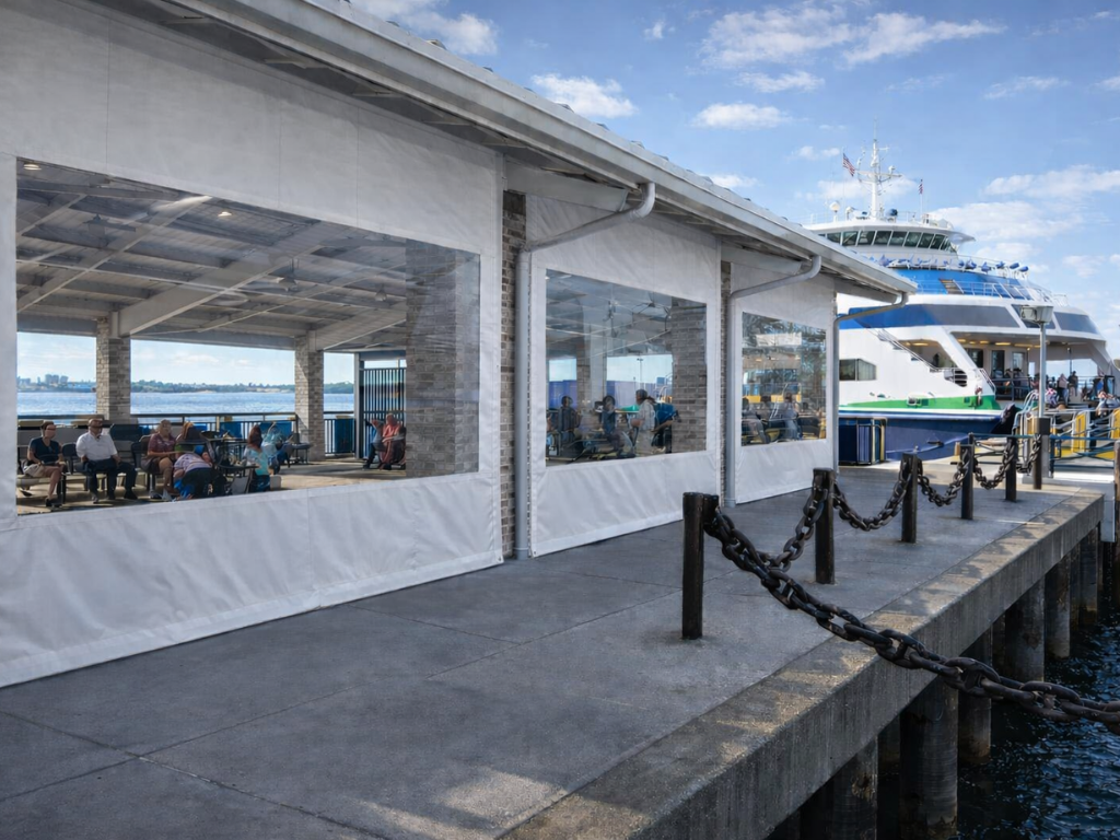 People sit in a covered waiting area on a pier next to a docked ferry, with large clear plastic windows built into white vinyl curtains.