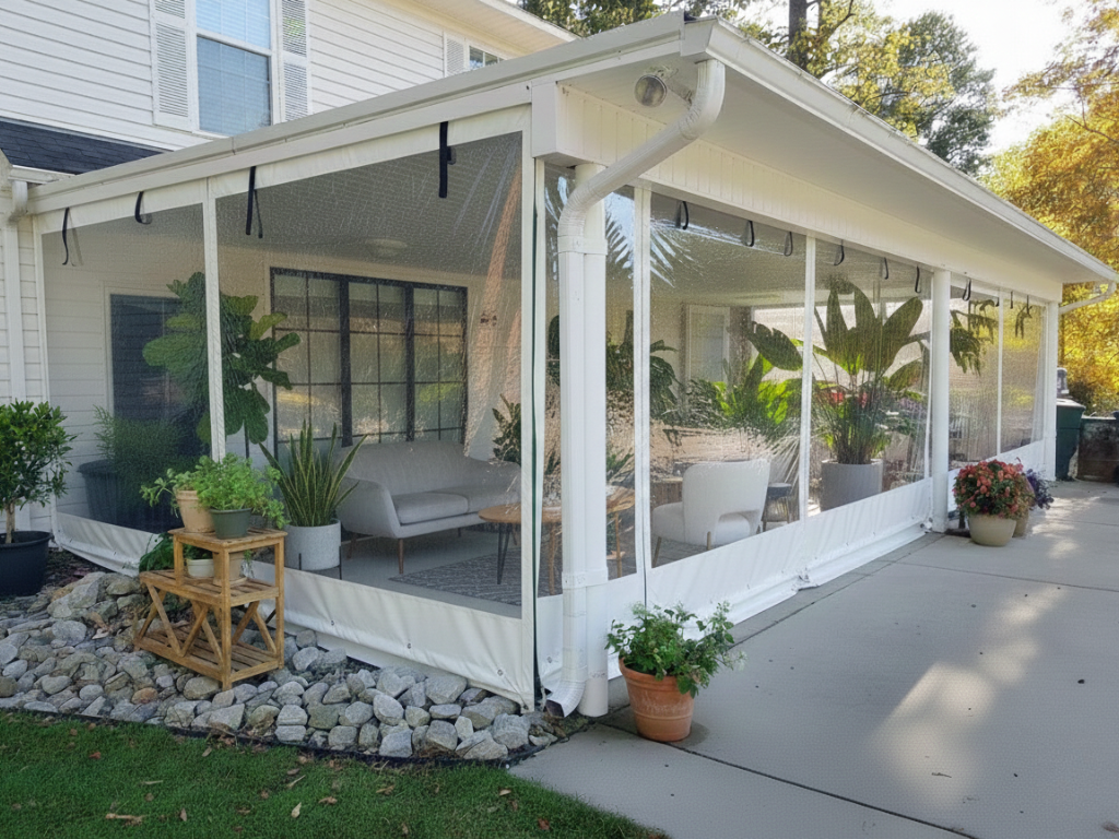 A white residential patio enclosed with clear vinyl weather curtains, featuring a modern sofa and indoor plants.