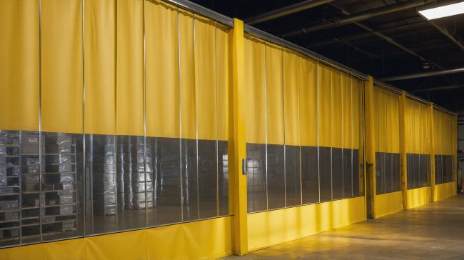 industrial warehouse space with yellow vinyl curtain walls and clear PVC viewing panels used for sectioning off work areas