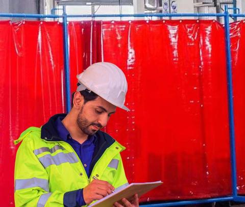 Industrial safety inspector in a hard hat and high-visibility jacket writing notes in front of red PVC welding curtains.