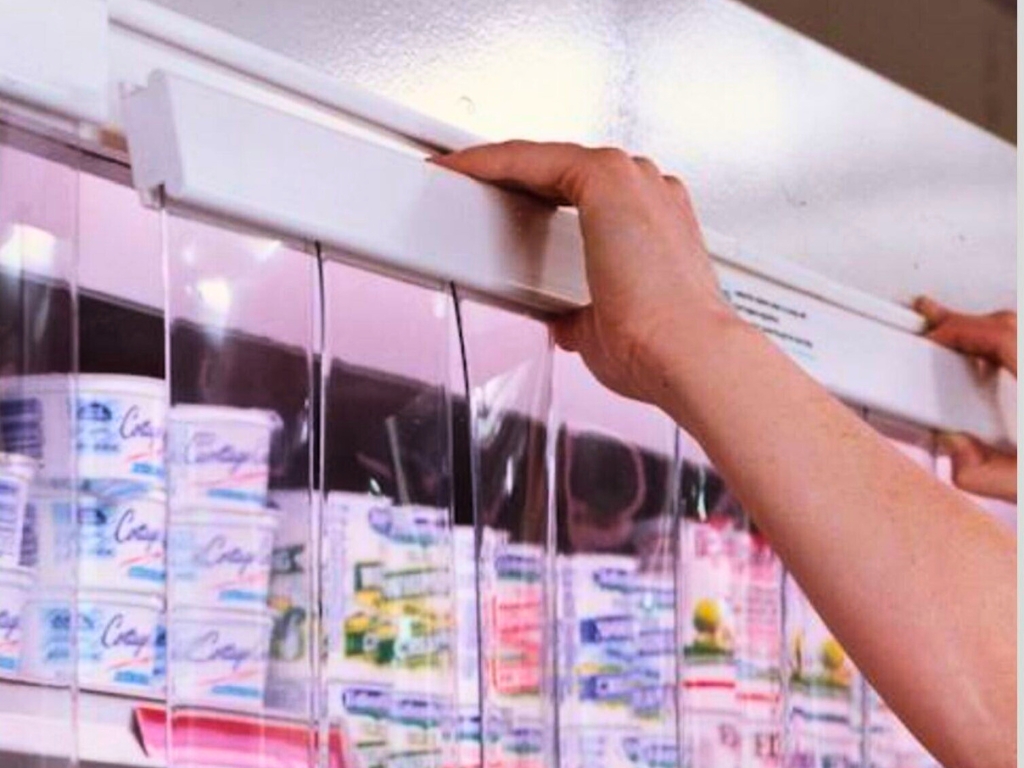 Person installing clear pvc strip curtains on a refrigerated display shelf.