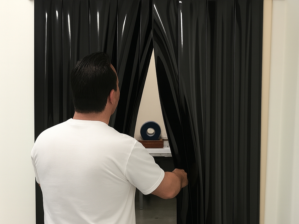 A swing door with a clear top section and a gray bottom section.