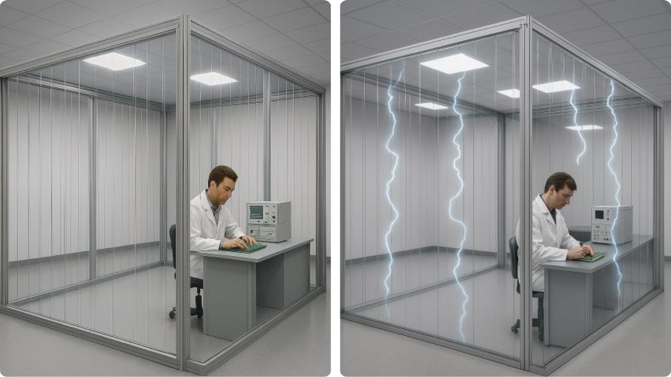 Comparison of a laboratory worker inside a PVC strip enclosure, shown with and without electrostatic discharge protection.