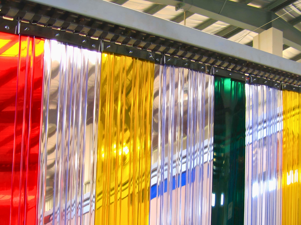 A variety of colored PVC strip curtains.