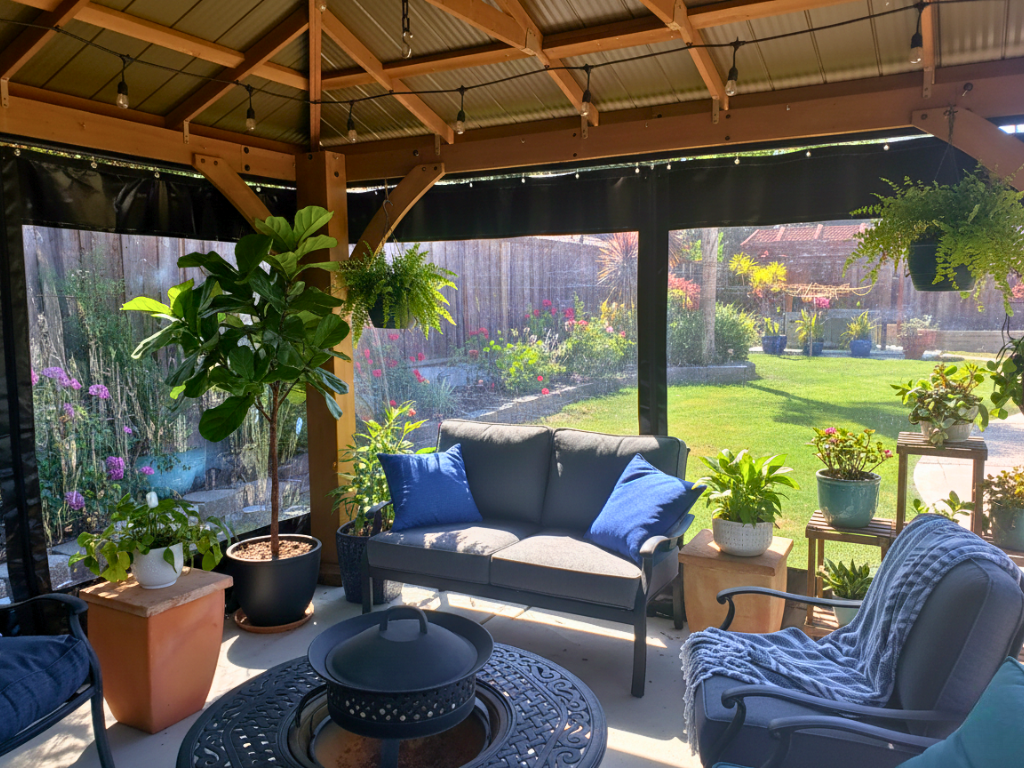 Covered patio seating area with clear vinyl walls and outdoor furniture.