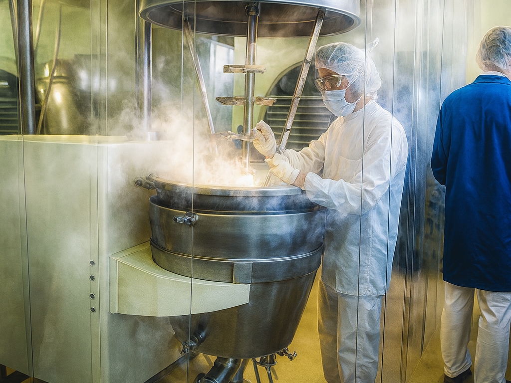 Two scientists wearing white lab coats and hairnets stand in a sterile environment. The one on the left, wearing safety glasses and a face mask, is stirring a large, steaming metal vat.