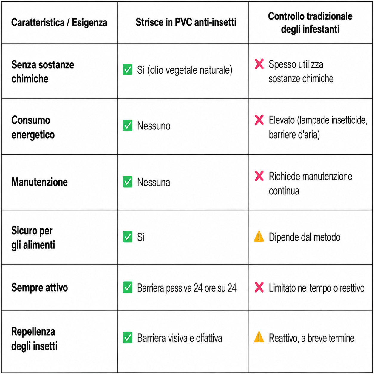 La tabella mette in evidenza le principali differenze tra le strisce gialle in PVC anti-insetti e le soluzioni convenzionali per il controllo dei parassiti