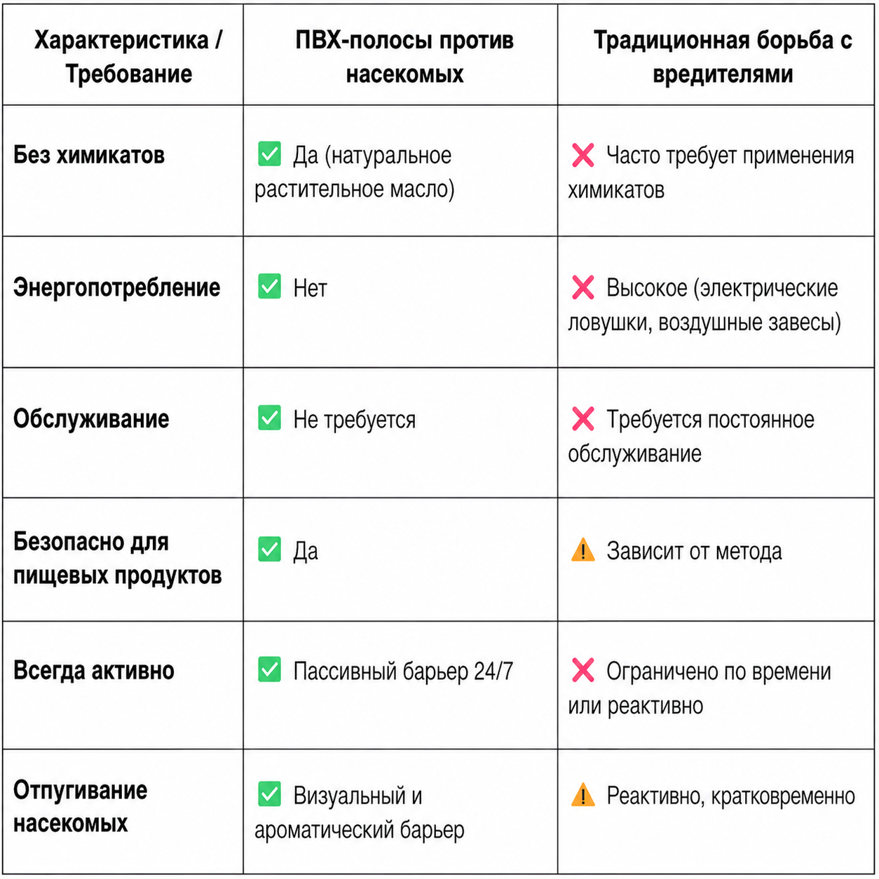 В таблице приведены основные отличия желтых ПВХ-полос для отпугивания насекомых от традиционных средств борьбы с вредителями