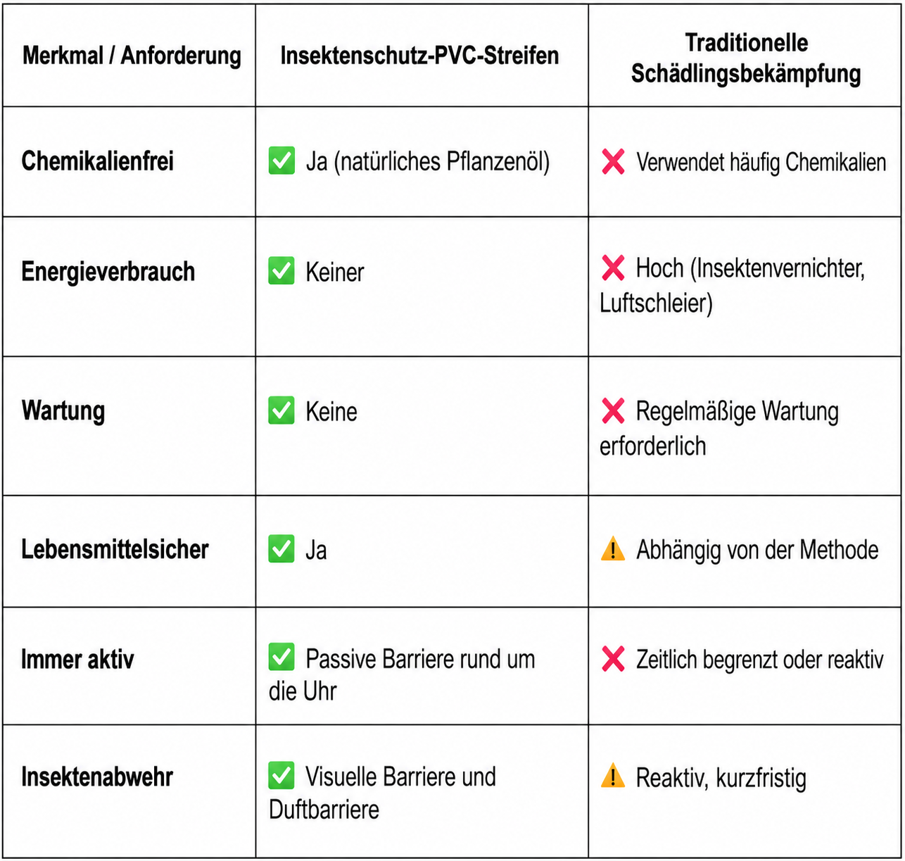 Die Tabelle verdeutlicht die wichtigsten Unterschiede zwischen gelben PVC-Streifen zur Insektenabwehr und herkömmlichen Lösungen zur Schädlingsbekämpfung