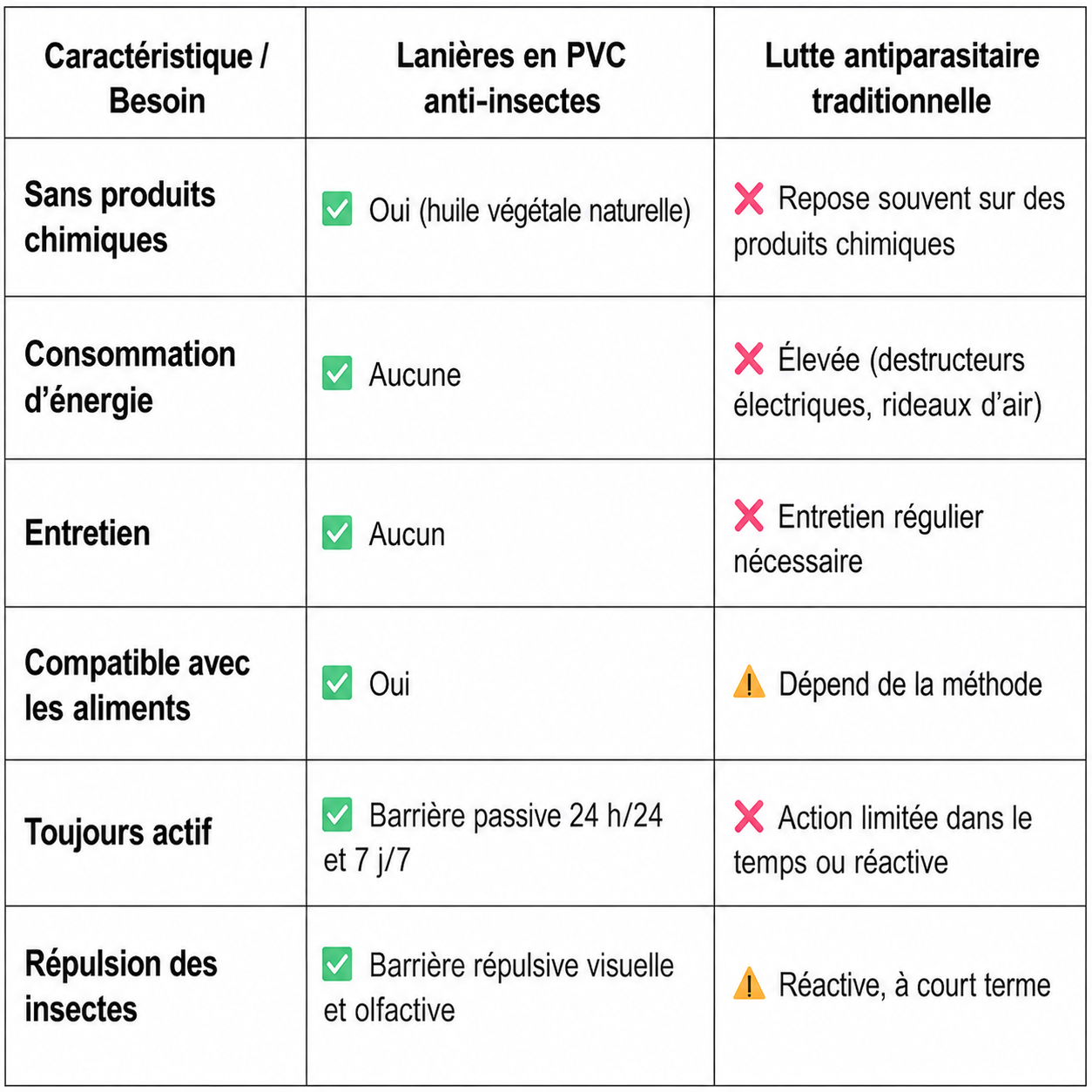 Le tableau met en évidence les principales différences entre les bandes anti-insectes en PVC jaune et les solutions classiques de lutte contre les nuisibles