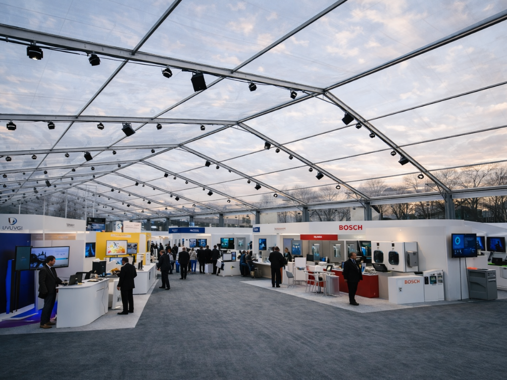 Various company booths and attendees fill a large exhibition hall under a high, transparent canopy roof.