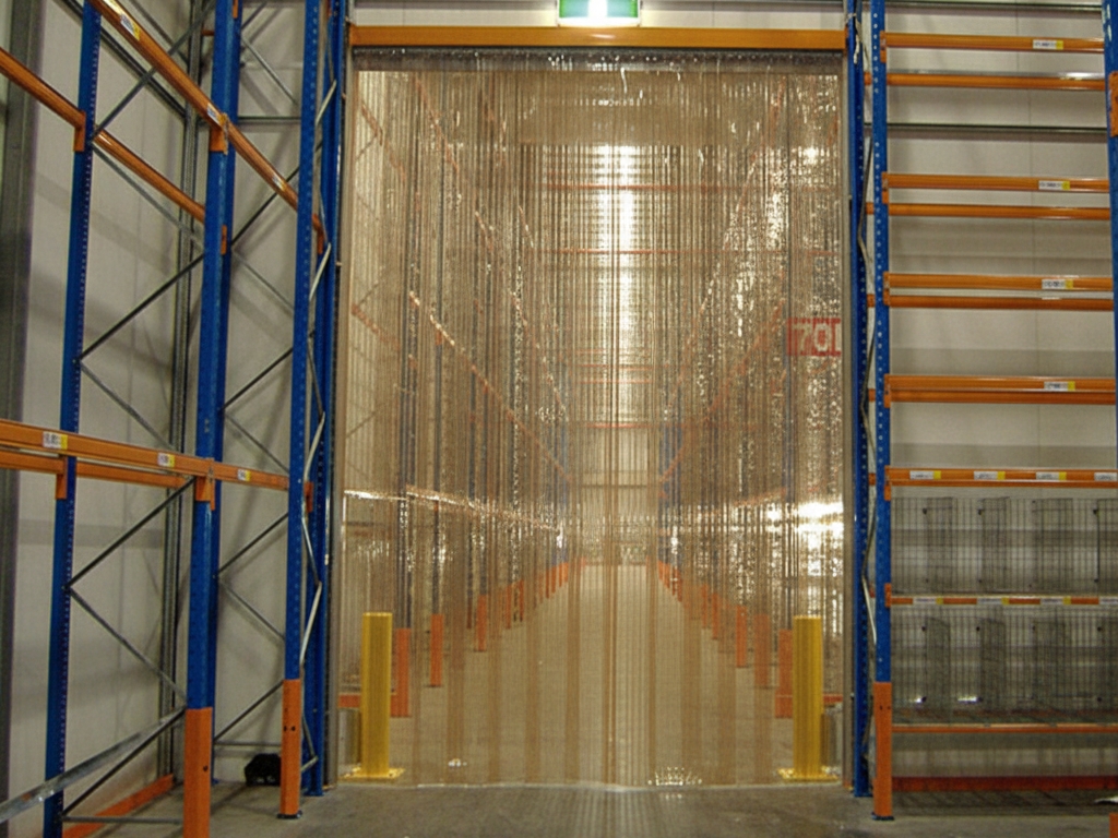 A wide-angle interior view of a warehouse with tall blue and orange metal shelving racks on either side. In the center, a walkway is covered by a plastic chain link curtain.