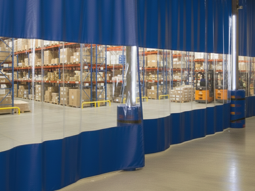 An industrial warehouse divided by a blue and clear vinyl curtain wall to separate storage aisles.